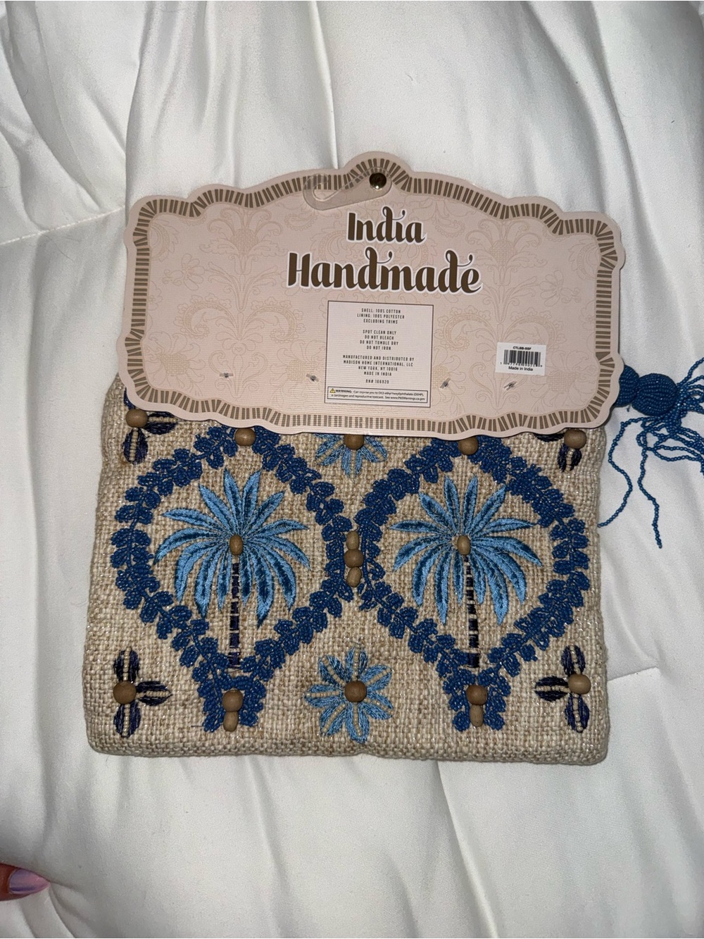 Blue Palm Tree Beaded Zipper Pouch Handmade in India New with Tags